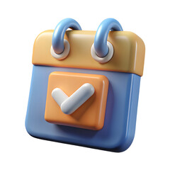Blue calendar with orange checkmark isolated on a transparent background