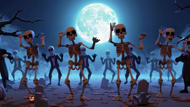 Spooky Halloween video featuring a crowd of skeletons dancing joyfully in a graveyard at night.