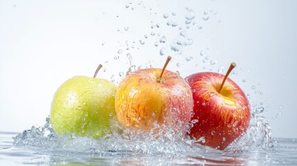 Three apples splashing in water with reflection and white background for fruit freshness health organic food concept