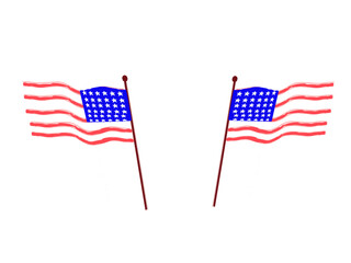 Two USA Flags hanging on poles waving in air