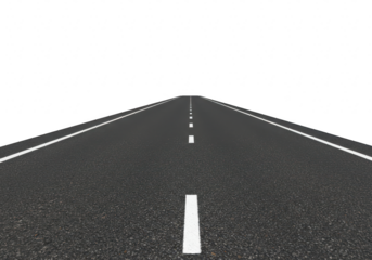 An empty asphalt road with white dividing lines stretching into the distance, isolated on a transparent background