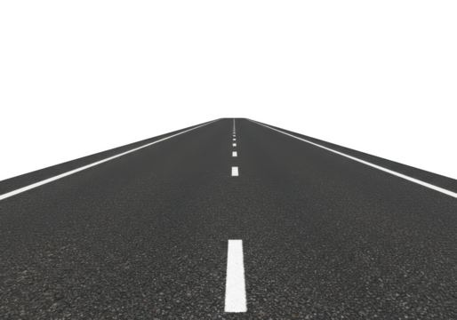 An empty asphalt road with white dividing lines stretching into the distance, isolated on a transparent background