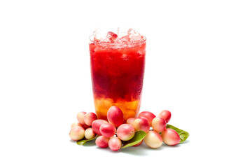 glass of fruit juice, A glass of red color fresh Bengal-currants, Carandas-plum, Karanda juice with...