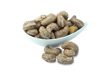nuts in a bowl, Raw roasted cashew nuts with shell in white cup and outside isolated on white background with clipping path stack