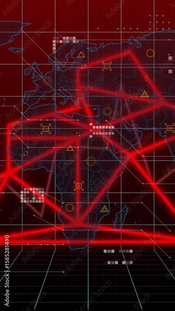 Aufkleber red network connections and data points animation over world map with grid lines