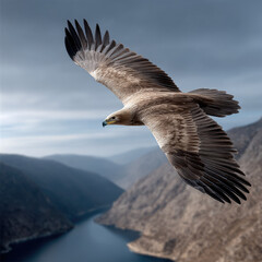 Golden eagle soaring above mountain landscape, powerful wings spread wide, dramatic sky, sense of freedom and majesty
