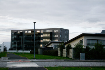 Modern residential buildings and houses in a tranquil Icelandic neighborhood