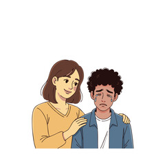 Fototapeta premium A comforting woman soothes a tearful young man, offering support and empathy.
