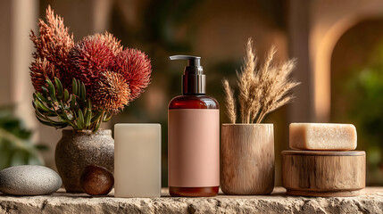 Serene display of pastel pink bottles, natural soaps, and decorative plants creates calming atmosphere in this beautifully arranged setting