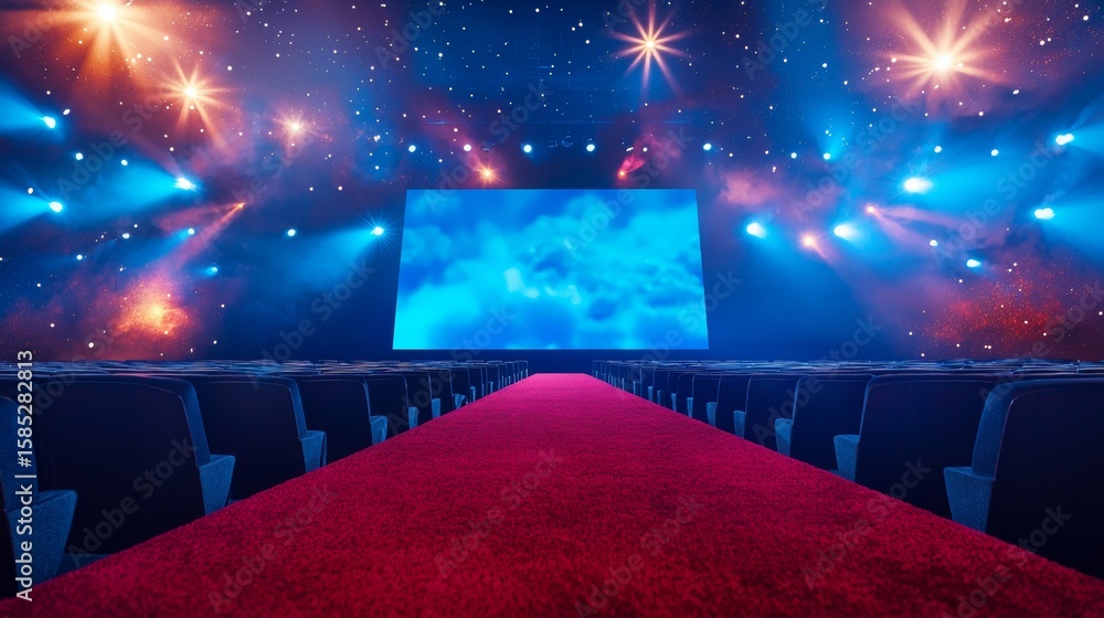 Poster empty conference stage with red carpet and futuristic lights for entertainment event venue backgroun