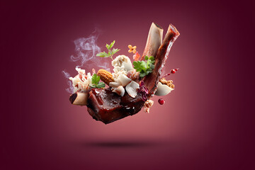 Smoky BBQ ribs garnished with fresh herbs and vegetables, creating vibrant and appetizing display