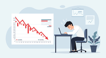 An exhausted businessman slumped over a laptop, facing a declining stock market chart, symbolizing financial loss and economic downturn.