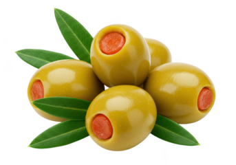 A cluster of five green olives stuffed with red pimento, adorned with fresh leaves, isolated on a transparent background
