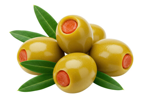 A cluster of five green olives stuffed with red pimento, adorned with fresh leaves, isolated on a transparent background - Powered by Adobe