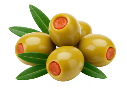 A cluster of five green olives stuffed with red pimento, adorned with fresh leaves, isolated on a transparent background
