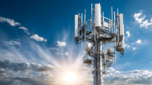 Realistic cell tower stands tall against clear blue sky, showcasing its intricate design and technology, radiating sense of connectivity