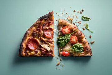Delicious pizza slice featuring pepperoni, vegetables, and melted cheese, beautifully arranged on green background