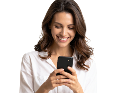 Happy Young Woman Smiling at Smartphone Screen, Close-up, Engaged, Isolated