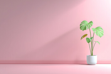 Single vibrant green plant with broad leaves in white pot against soft pink wall, creating serene and modern atmosphere
