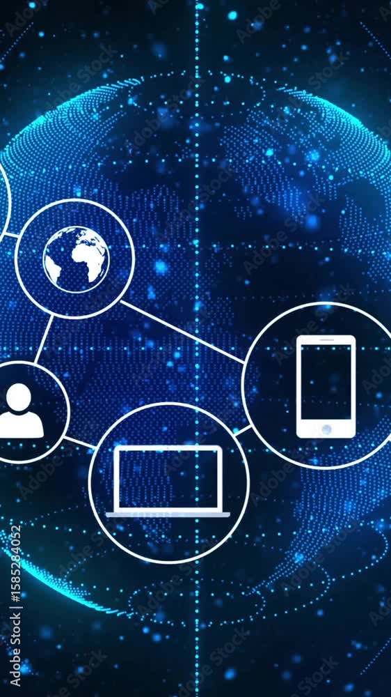 Poster digital network connections and data exchange animation over rotating globe