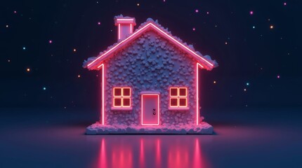 Model of glowing small house on dark sparkling background