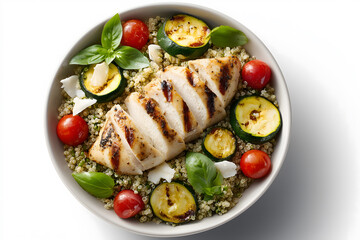 Grilled chicken breast served on bed of quinoa with zucchini, cherry tomatoes, and fresh basil, creating healthy and vibrant meal
