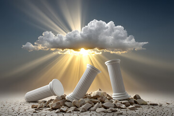 Fallen classical columns on rocky ground with dramatic sky and sunlight breaking through clouds create striking visual