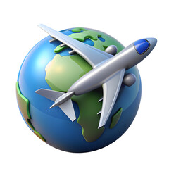 Silver jet circling blue green planet isolated on a transparent background