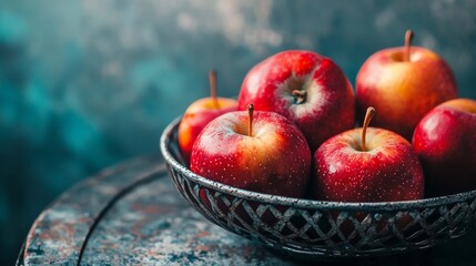Bowl of fresh red apples with water drops on rustic surface for organic harvest food photography theme