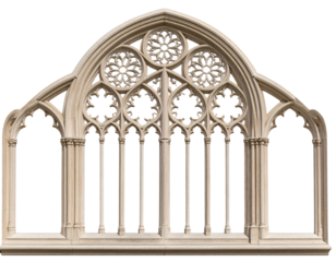 Gothic Arch Window Frame, Front View, Intricate Stone Carvings, Isolated