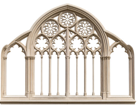 Fototapeta Gothic Arch Window Frame, Front View, Intricate Stone Carvings, Isolated