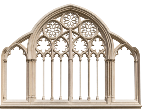 Gothic Arch Window Frame, Front View, Intricate Stone Carvings, Isolated