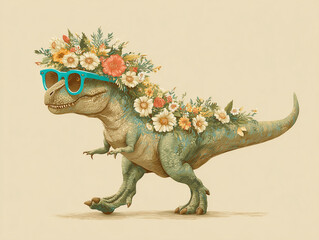 Dinosaur with flower crown and sunglasses enjoying a sunny day in a whimsical landscape