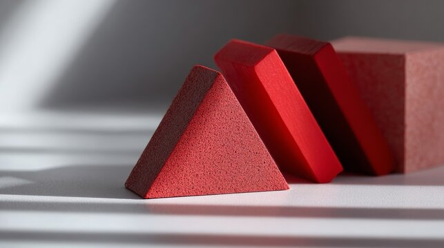 Minimal red geometric pyramid shapes with shadows for modern design architecture and abstract photography background