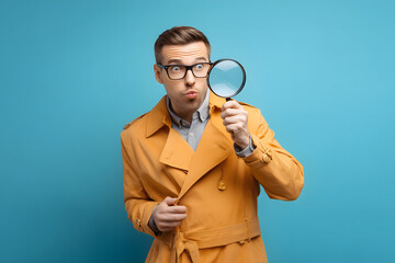 Candid portrait of man wearing yellow trench coat, holding magnifying glass, with playful expression against blue background