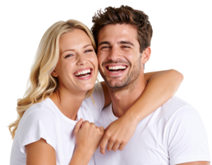 Joyful Blond Couple, Candid Close-up, Laughing Together, White Tees, Studio Shot, Isolated