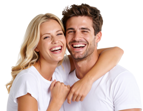 Joyful Blond Couple, Candid Close-up, Laughing Together, White Tees, Studio Shot, Isolated