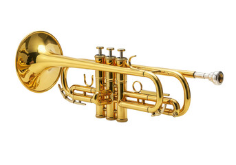 Obraz premium A gleaming golden trumpet, a brass musical instrument, captured in a studio shot on white isolated on transparent background