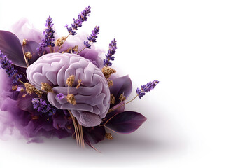 Creative and vibrant composition featuring stylized brain surrounded by purple flowers and leaves, symbolizing nature and intellect. image evokes