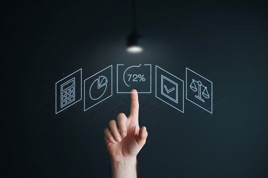 Human finger interacts with digital financial analytics interface human hand touching