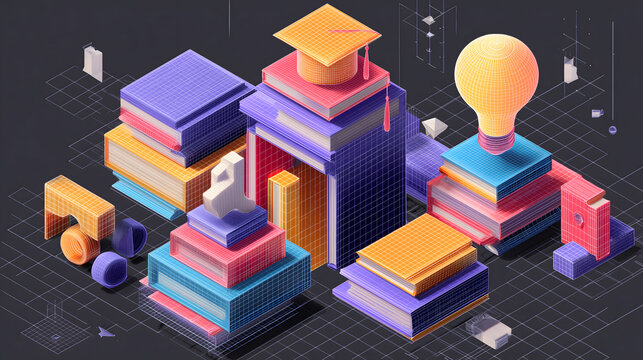 Isometric illustration of colorful cubic books stacked with graduation cap and light bulb, creating vibrant educational scene
