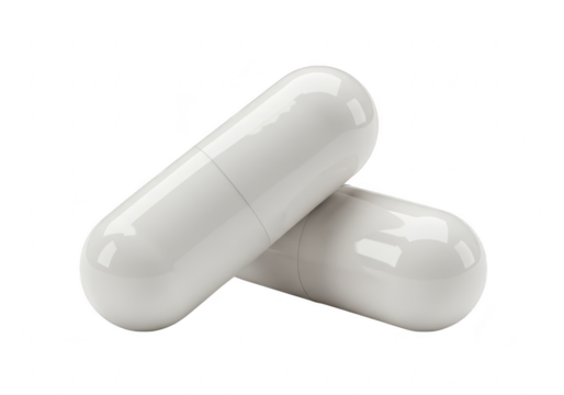 Two white capsules isolated on a plain transparent background