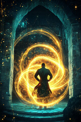 Fantasy Wizard Surrounded by Glowing Magical Energy in Ancient Portal