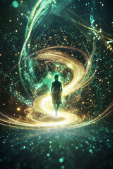 Fantasy Wizard Surrounded by Glowing Magical Energy in Ancient Portal