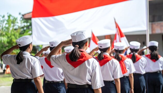 School children line up to salute the Indonesian flag on Independence Day - Powered by Adobe