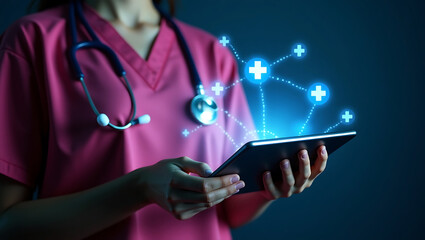 Nurse using a tablet with glowing medical icons and a stethoscope around her neck in a modern healthcare setting