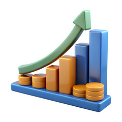 Blue bar graph with orange coins and green arrow isolated on a transparent background