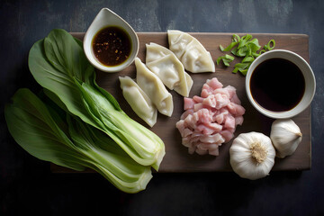 Fresh ingredients for making dumplings include bok choy, pork filling, garlic, and dipping sauces, creating vibrant culinary scene
