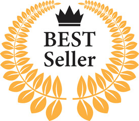 Bestseller with laurel wreath icon trendy yellow and black flat style. Best seller badge logo template with crown. Top rated inscription symbol vector illustration isolated on transparent background.
