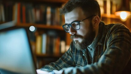 Man focused on laptop screen in a quiet, well-lit study. A scholarly environment with books and a desk that is conducive to concentration.